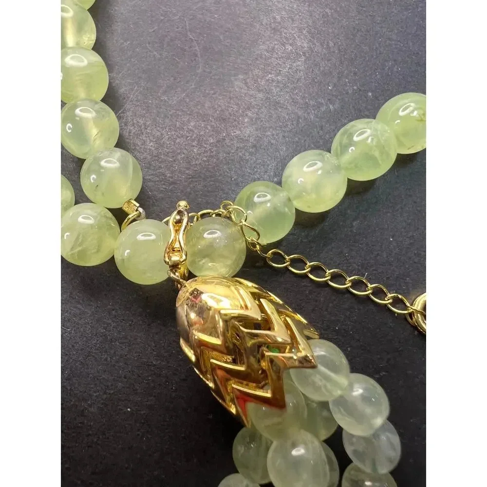 Prehnite beaded necklace with tassel enhancer and gold over sterling silver